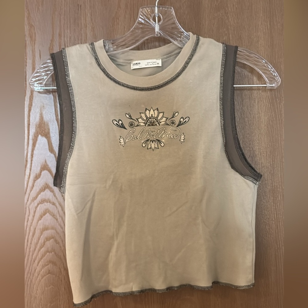 Pull&Bear Tan Embroidered Tank Top
